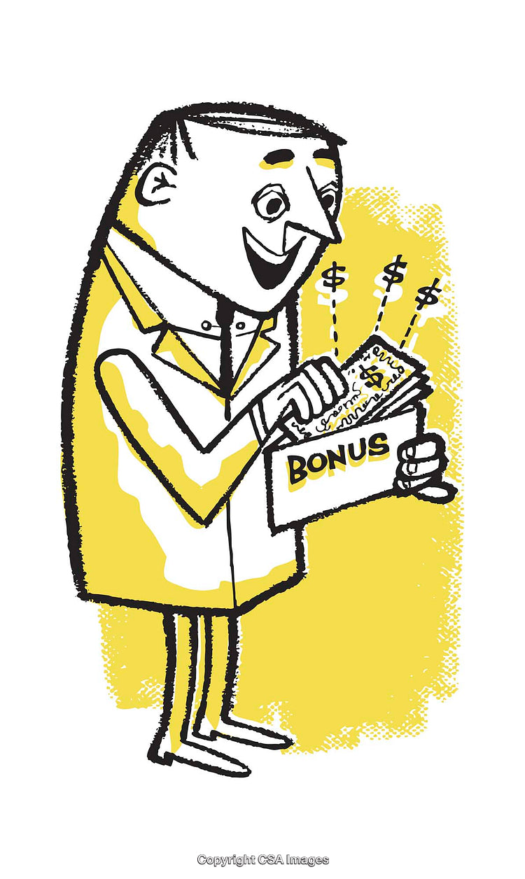Smiling Businessman Holding Bonus Envelope With Money and Dollar Signs
