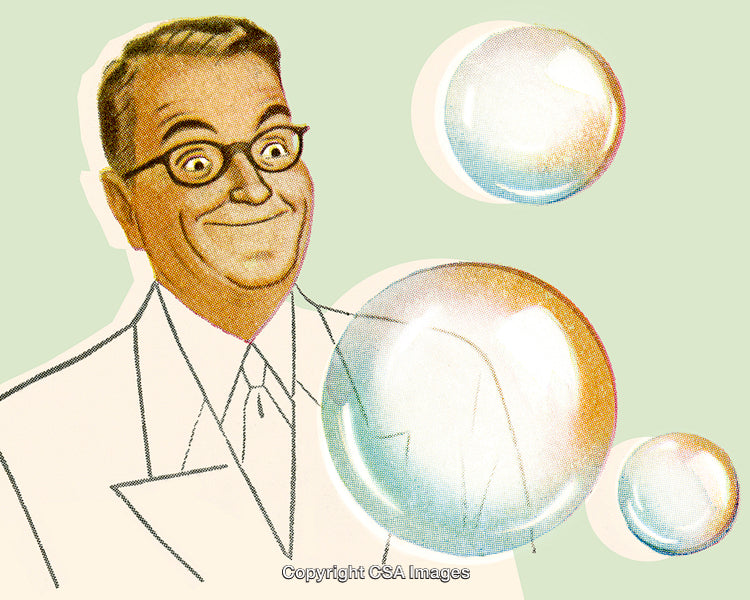 Vintage Illustration of a Smiling Man Surrounded by Colorful Soap Bubbles
