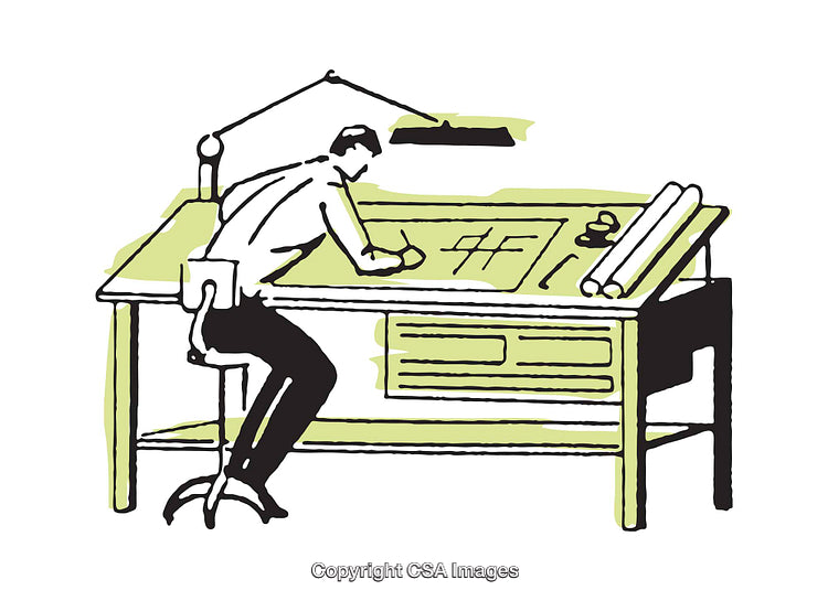 Architect Sketching At Drafting Table in Vintage Style Illustration