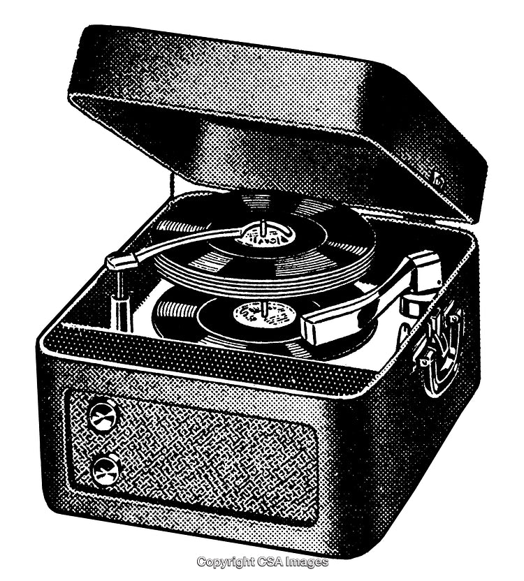Vintage Record Player Illustration with Open Lid and Vinyl Records Display