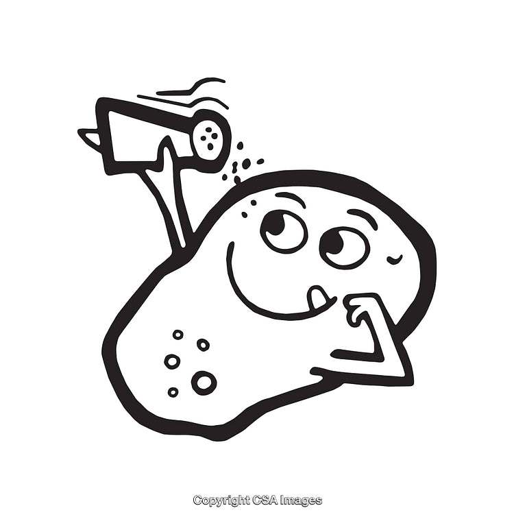 Black and White Line Art Character with Playful Expression and Object