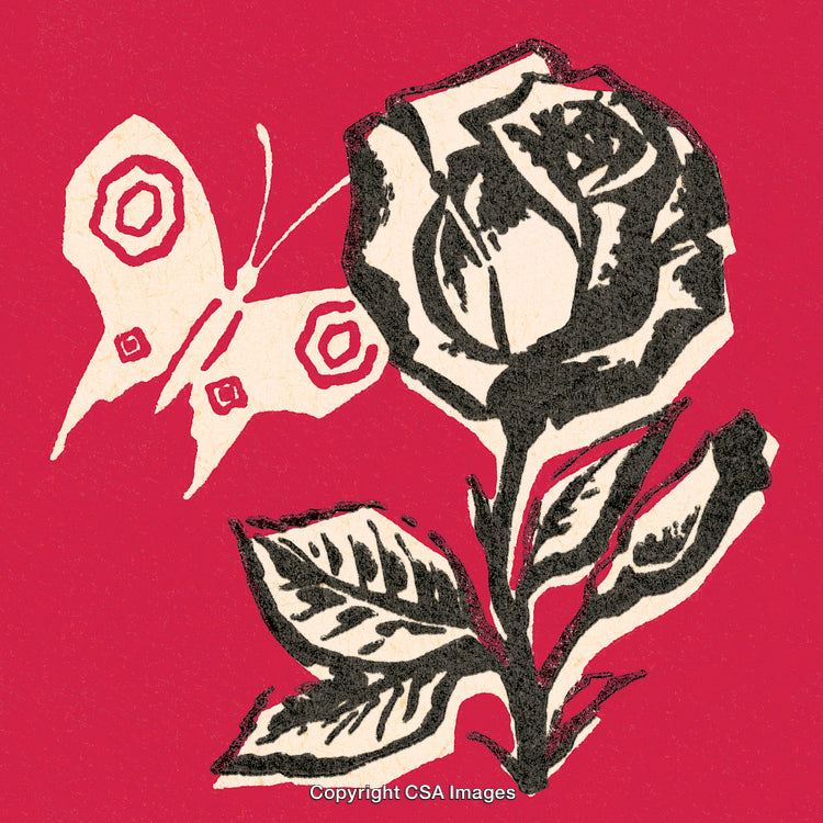 Illustrated Butterfly and Rose Design on Textured Red Background