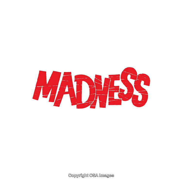 Bold Red Text Illustrating the Word Madness in a Distressed Design
