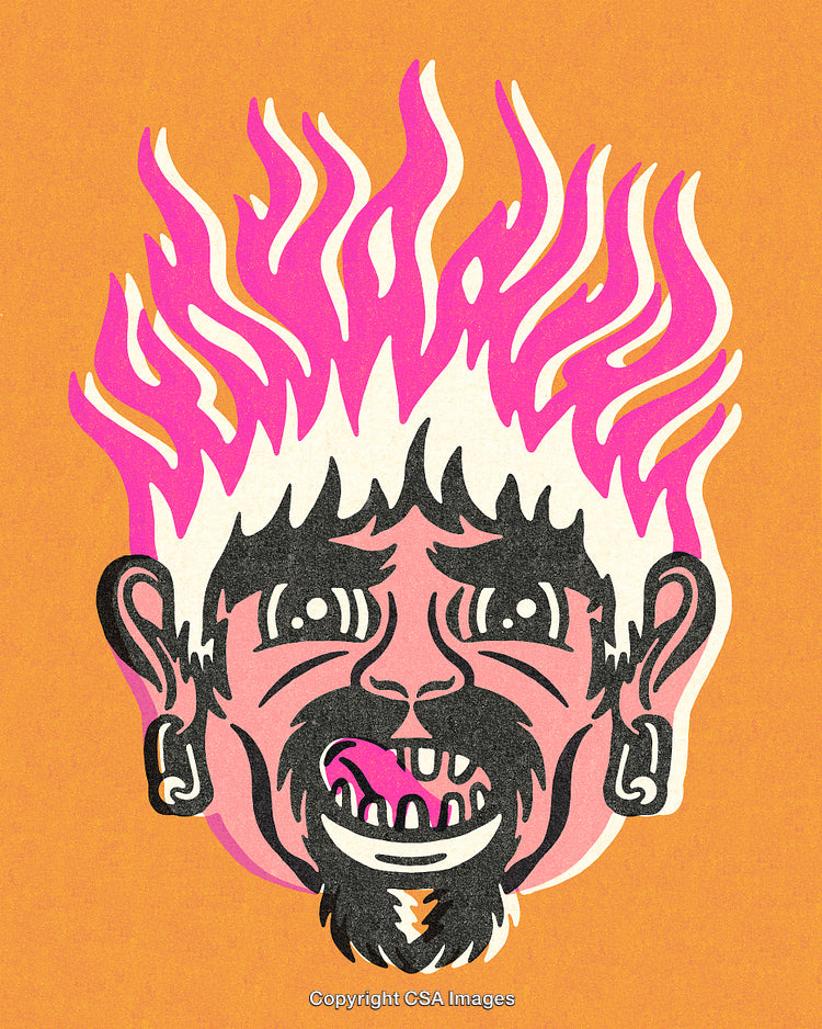 Bold Cartoon Character With Flaming Pink Hair on Orange Background