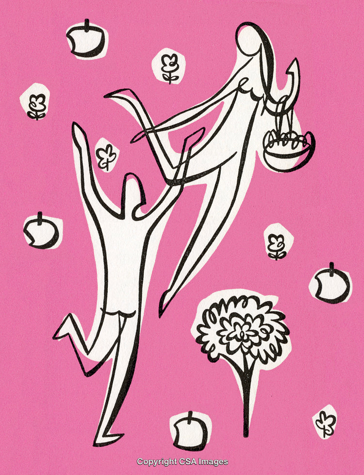 Abstract Illustration of People Dancing in Nature With Apples and Flowers