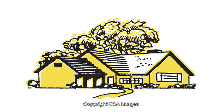 Yellow House Illustration with Trees and a Scenic Garden
