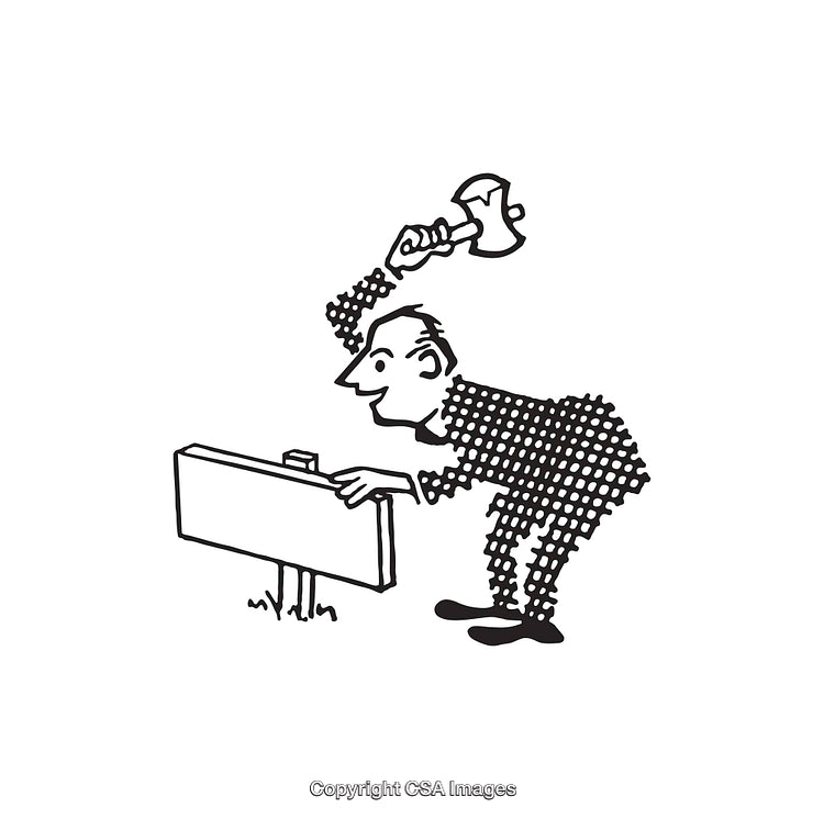 Black and White Retro Cartoon Man Working with an Axe and Sign