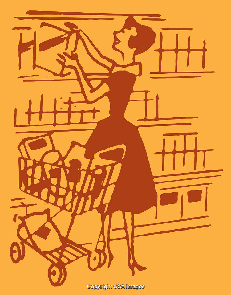 Retro Illustration of a Woman Shopping in a Grocery Store