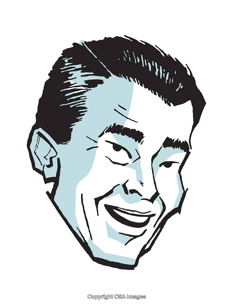 Retro Illustration of a Smiling Man's Face in Black and Blue Tones