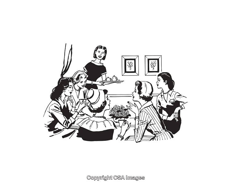 Retro Black-and-White Illustration of Women Socializing at a Tea Gathering