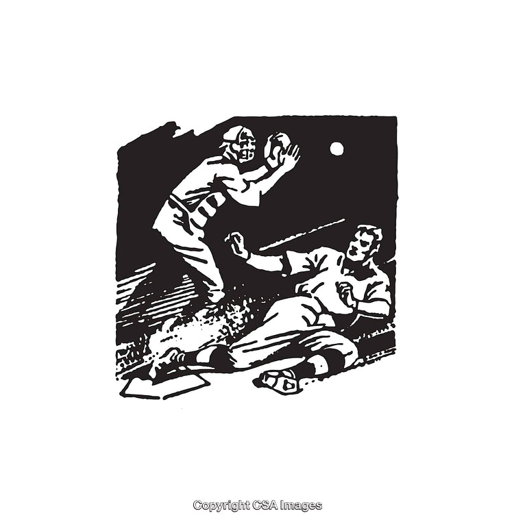 Vintage Black And White Baseball Illustration Featuring Play at Home Plate