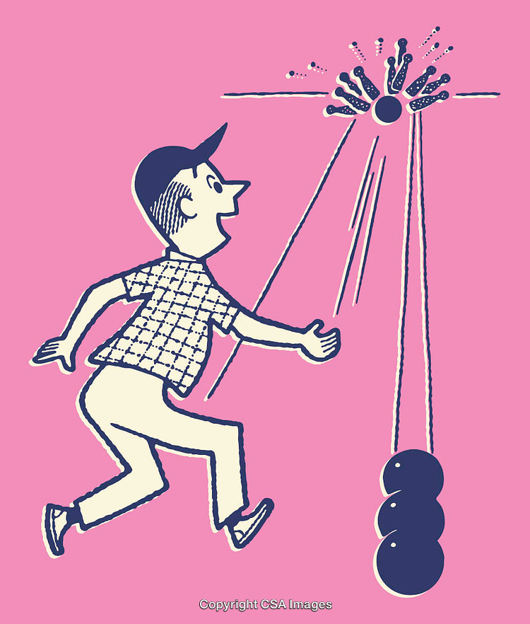Vintage Cartoon Illustration of a Man Swinging Towards Joyful Adventure