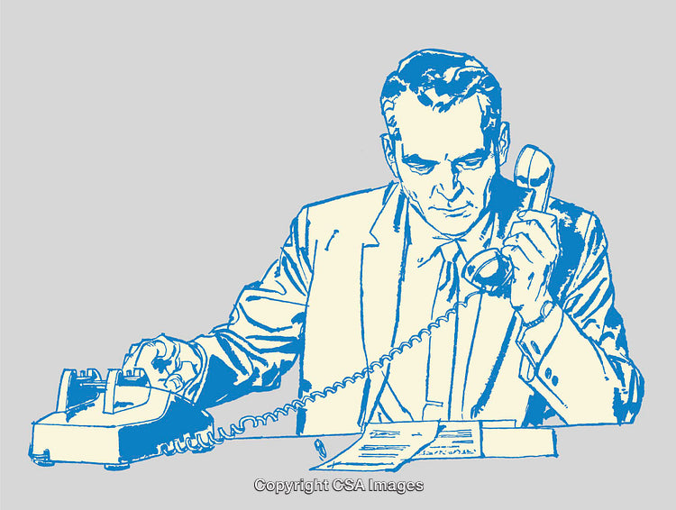 Business Professional on a Call with Papers at Desk, Color Line Art Illustration