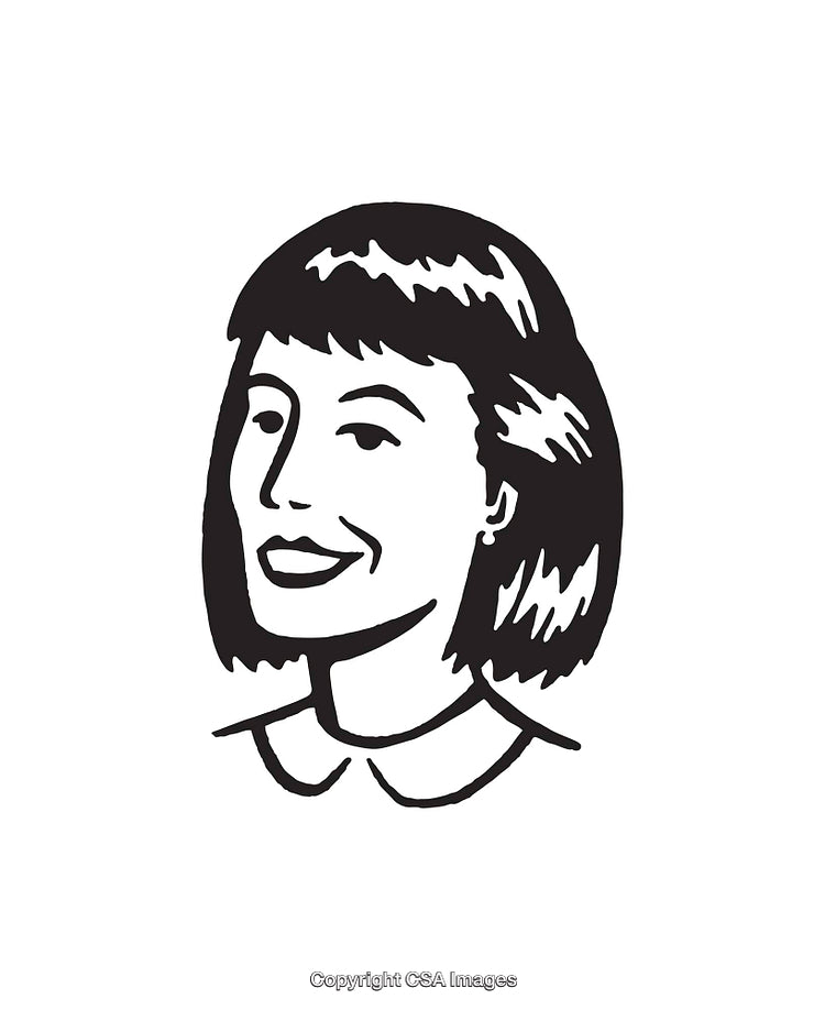 Retro Style Female Portrait Illustration in Black and White Line Art