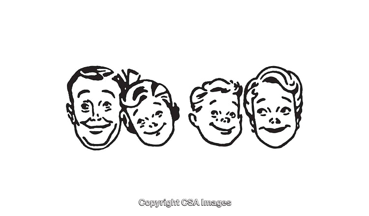 Retro Black and White Line Art Family Illustration with Smiling Faces