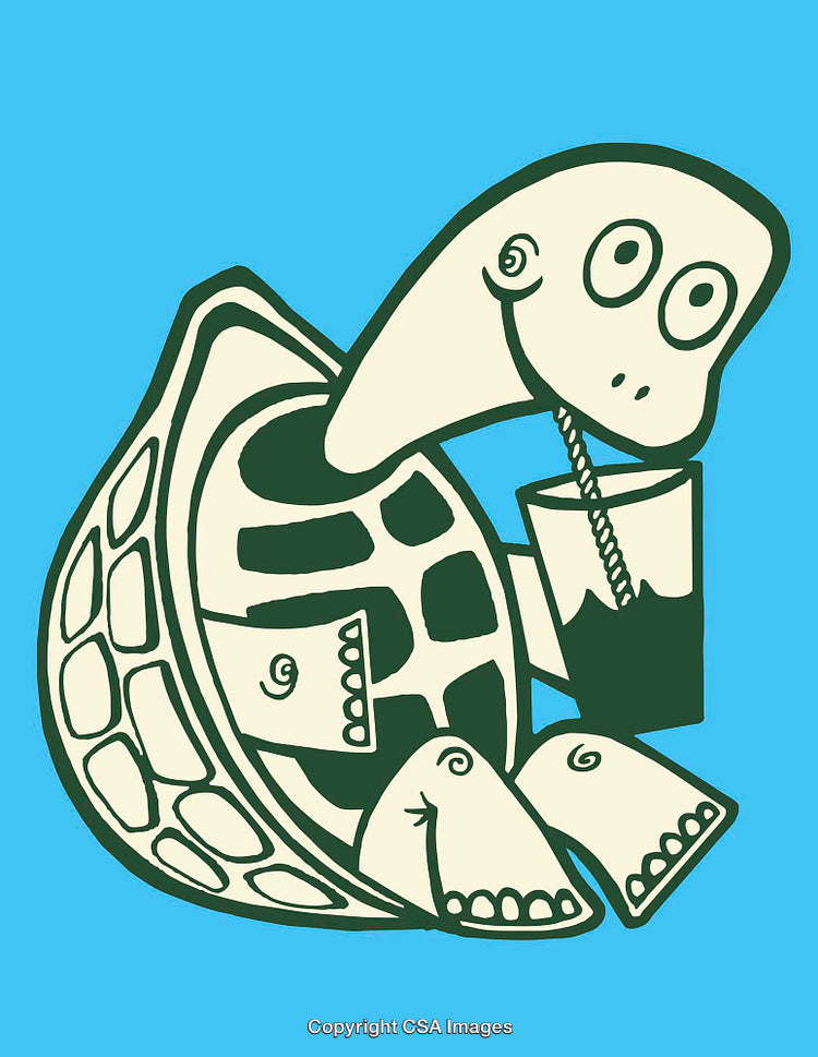 Colorful Cartoon Drawing of a Turtle Drinking From a Straw on Blue Background