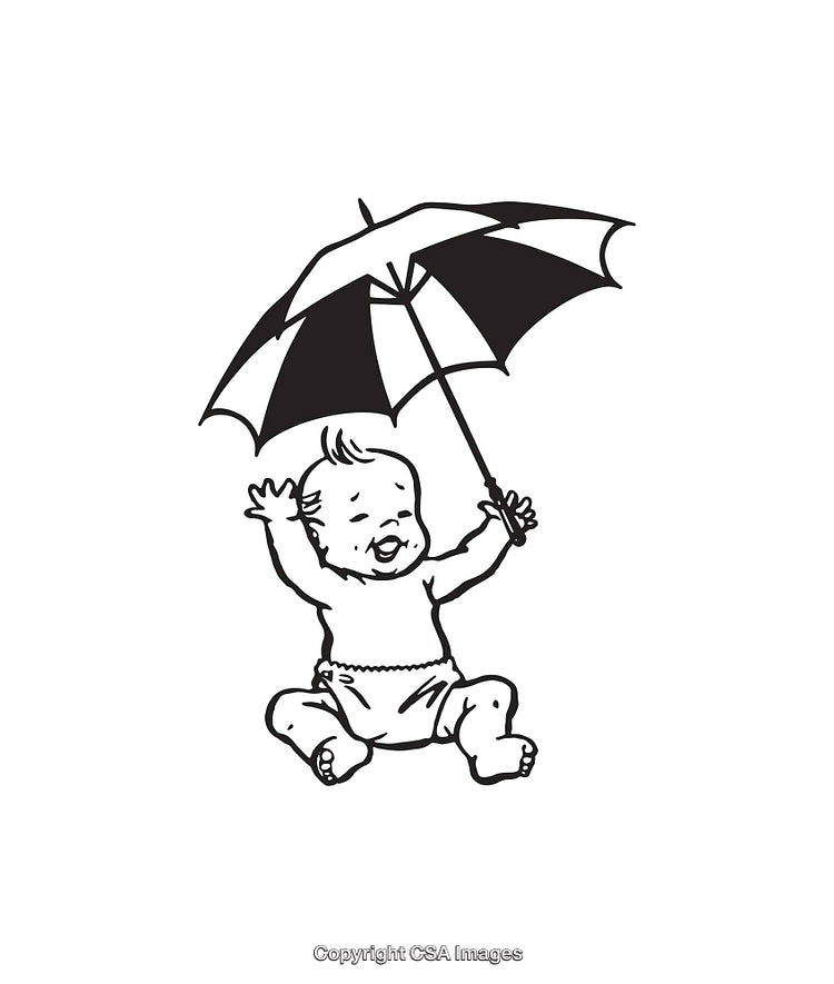 Adorable Baby Holding Umbrella in Black and White Line Art