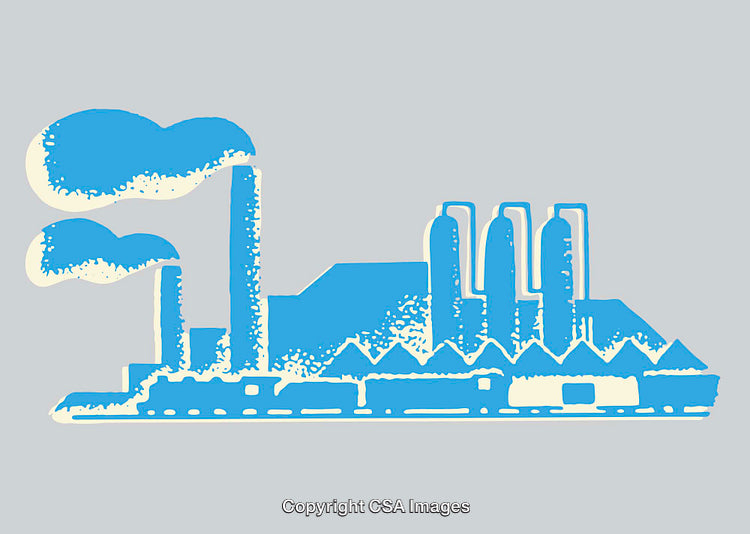 Blue Abstract Line Art Illustration of an Industrial Factory Building