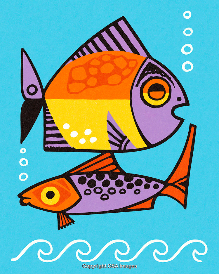 Colorful Artistic Fish Illustration with Abstract Ocean Design