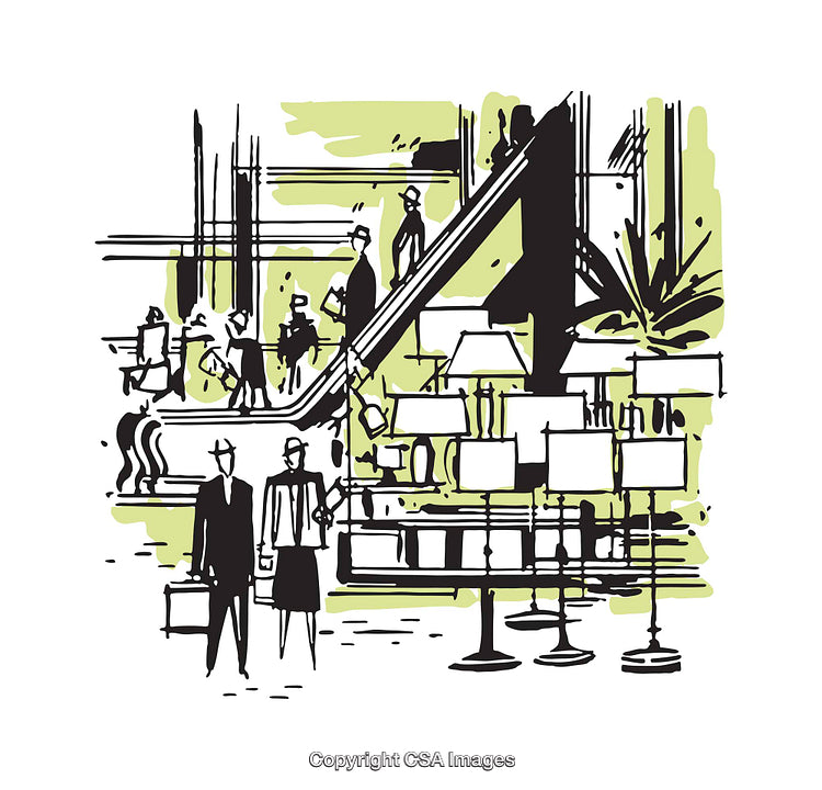 Business Professionals in a Stylish Colorful Shopping Mall Illustration
