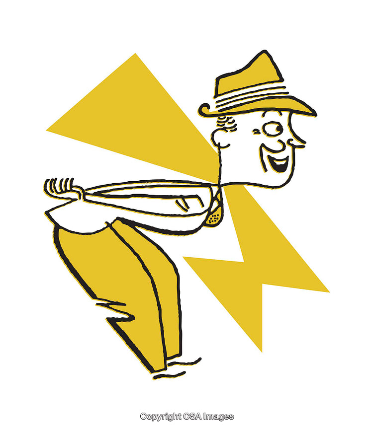 Snappy Cartoon Illustration of a Man Playing Mandolin in Hat and Yellow