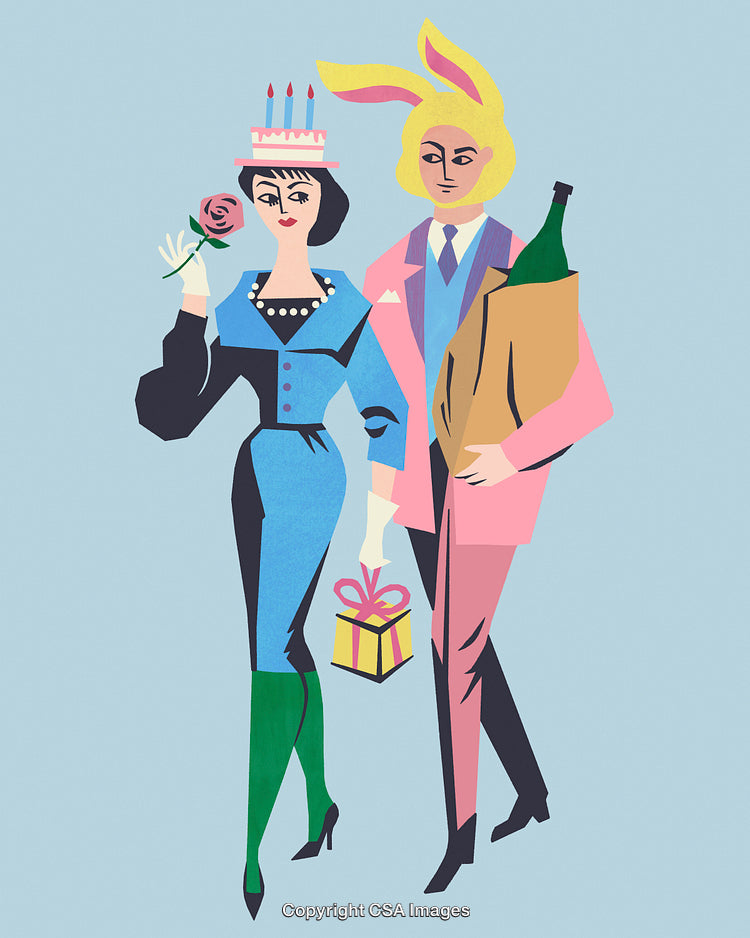 Stylized Illustration of Stylish Characters in Festive Clothing Holding Gifts