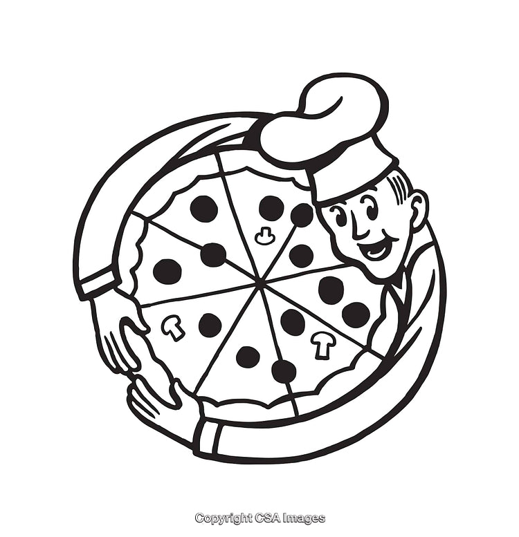 Black and White Drawing of a Chef Holding Delicious Pizza