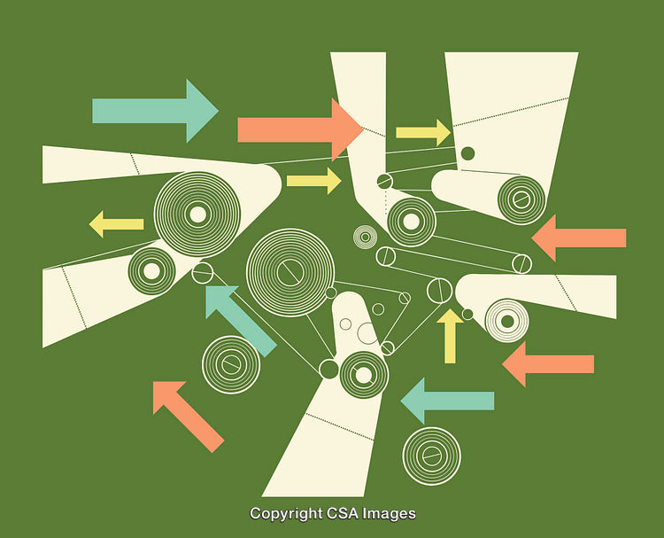 Abstract Geometric Machine-Like Artwork with Colorful Arrows on Green Background