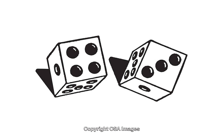 Black and White Line Art of Two Rolling Dice on White Background