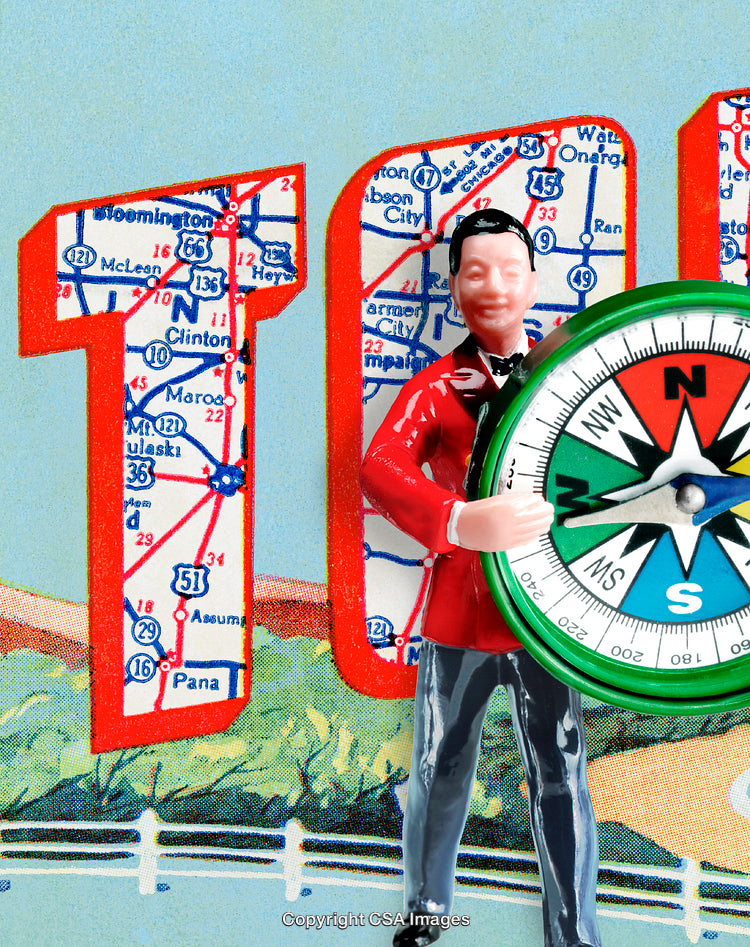Colorful Toy Figure Holding Compass Against Retro Map Background