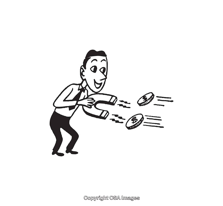 Retro Businessman Using Magnet to Attract Flying Dollar Coins Illustration
