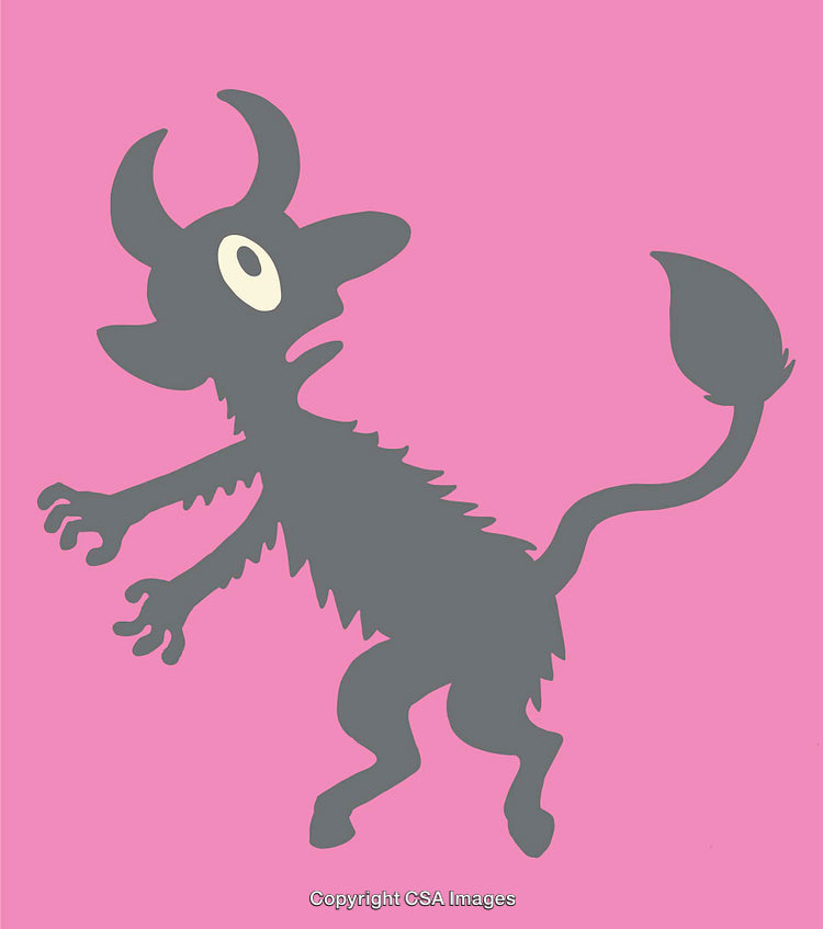 Grey Horned Creature Silhouette on Pink Background - Playful Cartoon Style