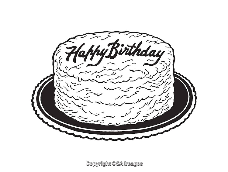 Black and White Line Art of a Happy Birthday Cake Illustration