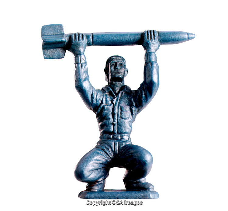 Blue Plastic Toy Soldier Holding Missile Sculpture Against White Background