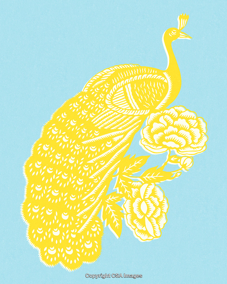 Yellow Peacock Illustration with Floral Accents on Light Blue Background