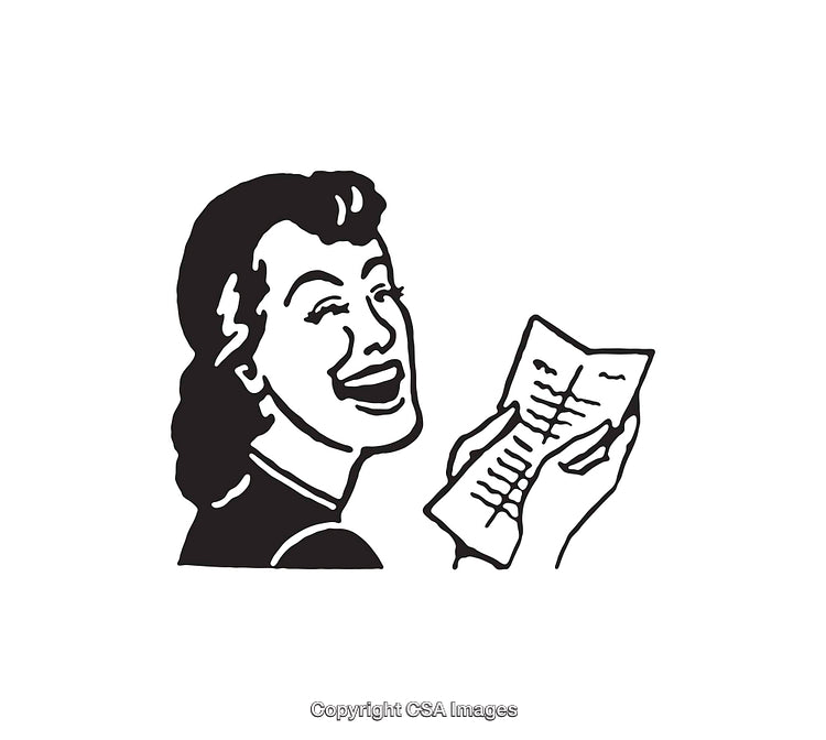Black And White Illustration of a Happy Woman Reading a Document