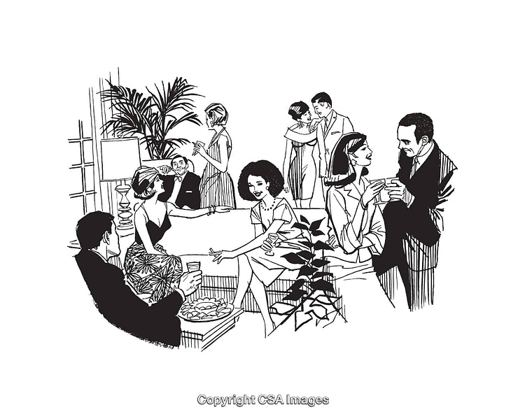 Elegant Social Gathering Depicted in Black and White Line Art Illustration