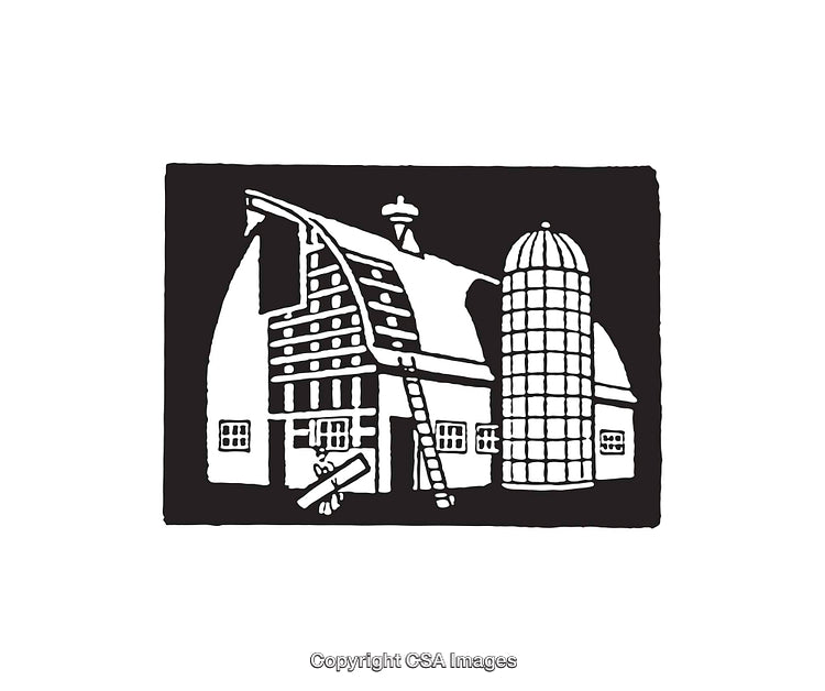 Black and White Illustration of a Classic Barn with Silo