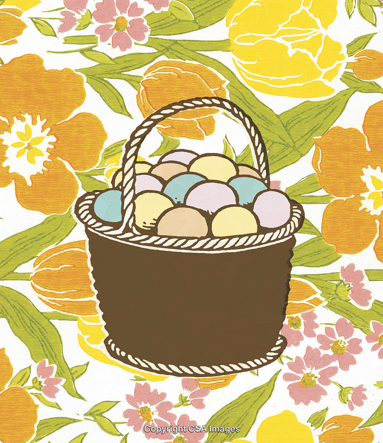Easter Basket with Painted Eggs Amid Vibrant Floral Pattern Design