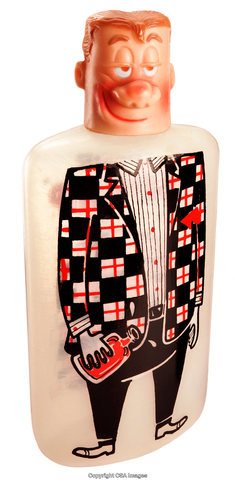 Vintage Plastic Bottle Featuring a Cartoon Character in a Colorful Outfit