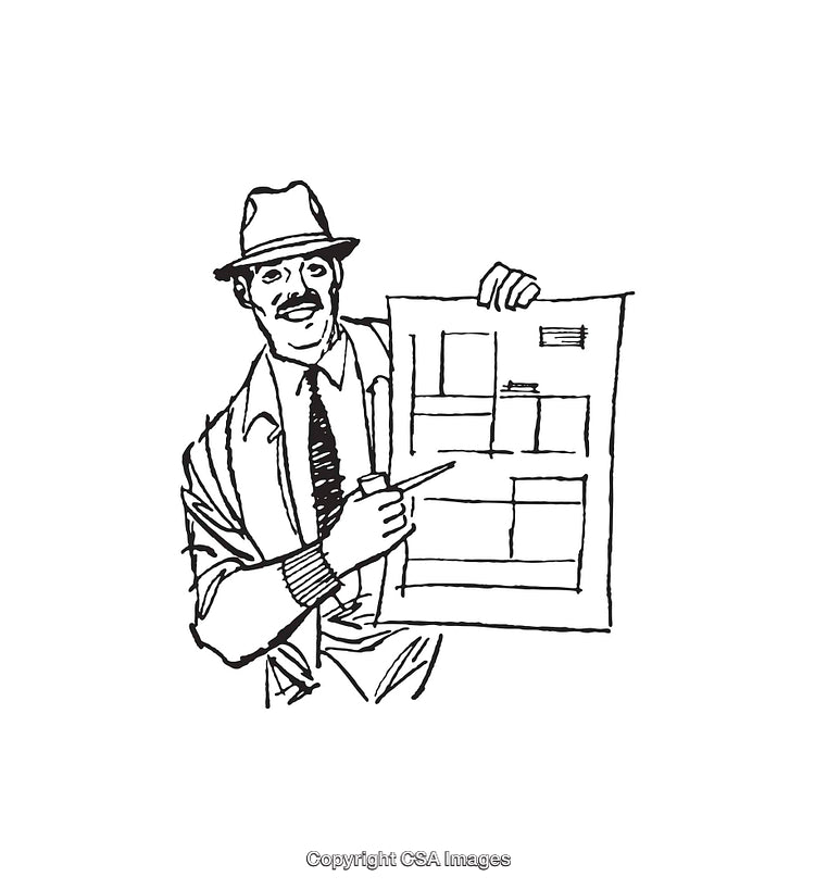 Black and White Illustration of a Professional Explaining Charts or Data