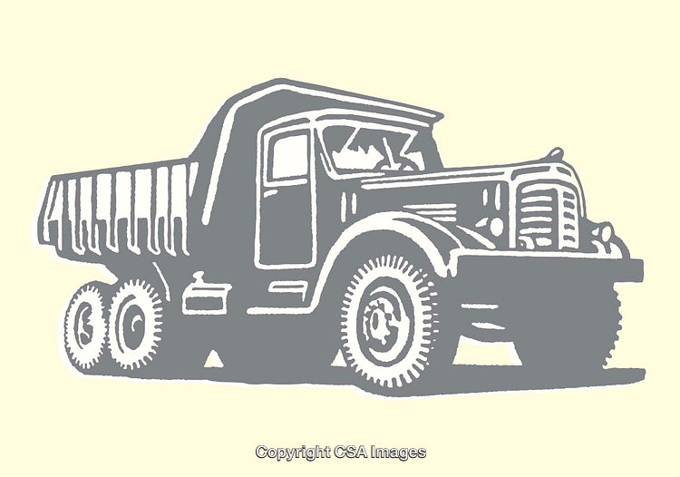 Bold Monochrome Illustration of a Classic Dump Truck in Vintage Style