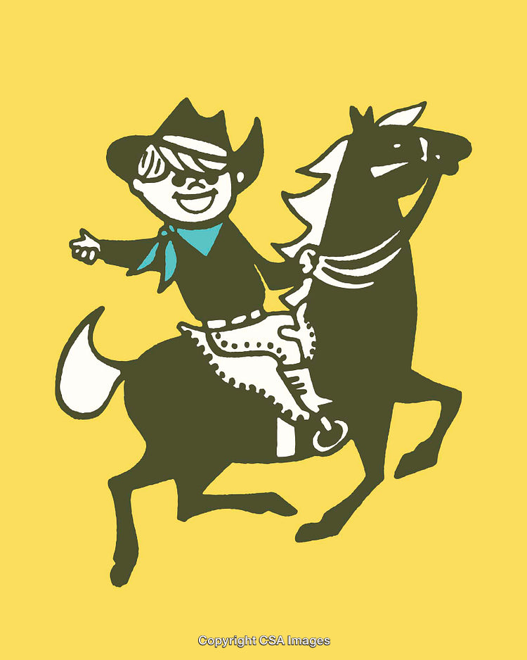 Playful Cowboy Riding a Horse in Whimsical Illustration Style