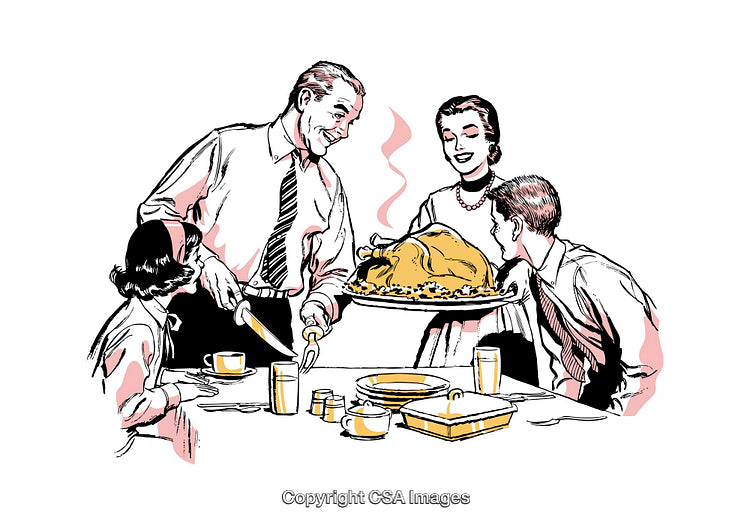 Vintage Family Dinner Scene With Turkey and Smiling Faces