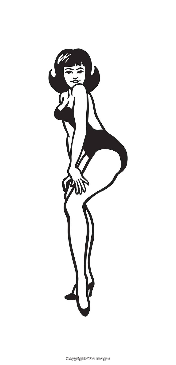 Retro-Style Black and White Line Art of a Striking Woman Pose