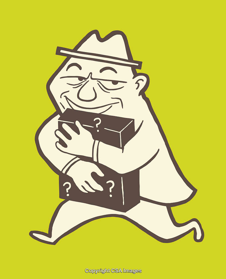 Cartoon Retro-Style Illustration of A Sneaky Character Holding a Mysterious Box