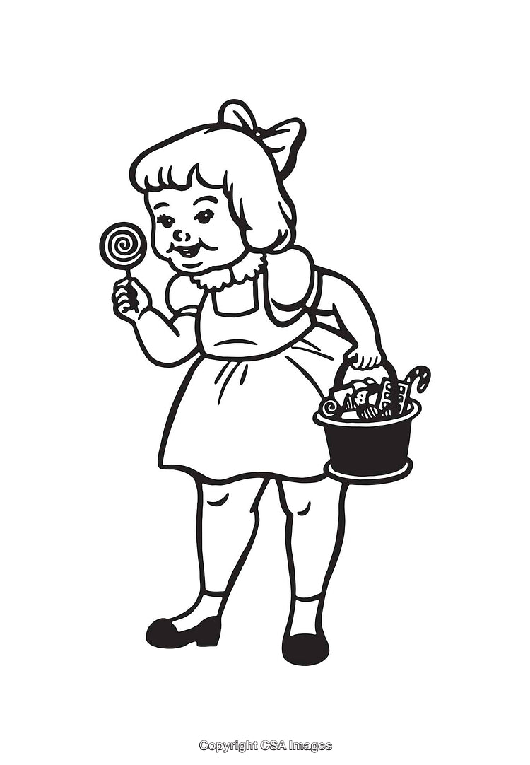 Black and White Line Art of a Girl with Candy and Basket