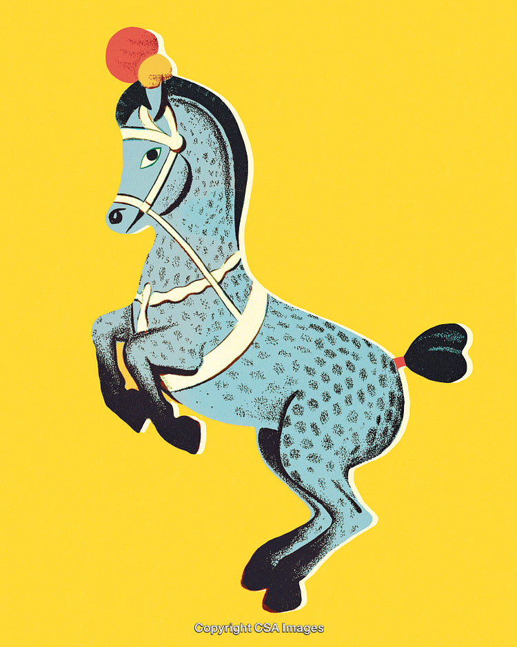 Retro Illustration of a Blue Circus Horse on a Vibrant Yellow Background