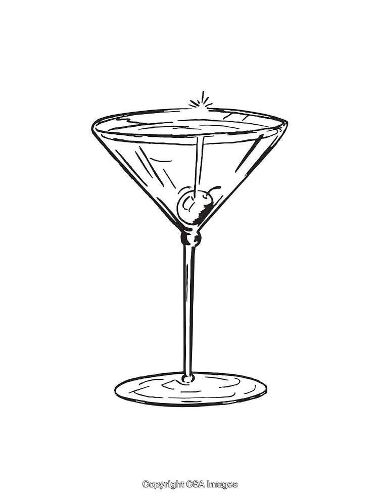 Illustration of Martini Glass with Cherry in Black and White Line Art