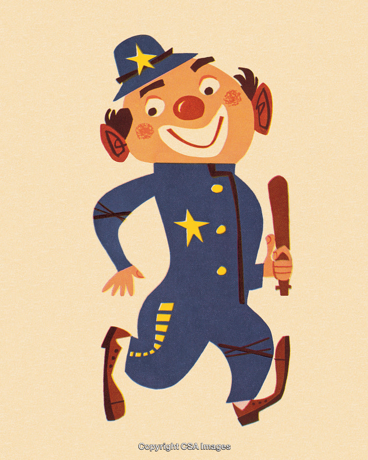 Vintage Cartoon Policeman Illustration Featuring Comedic Character in Blue Uniform